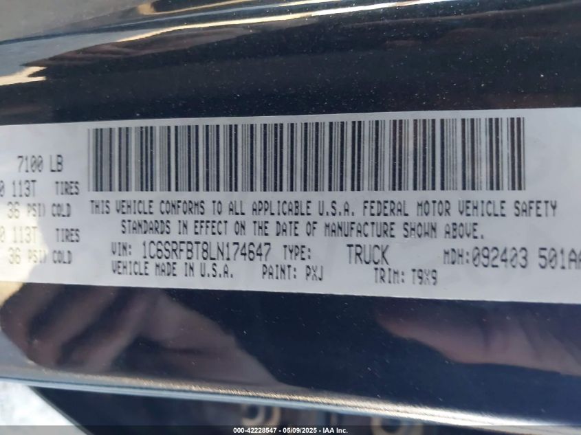 2020 Ram 1500 Big Horn/Lone Star VIN: 1C6SRFBT8LN174647 Lot: 42228547