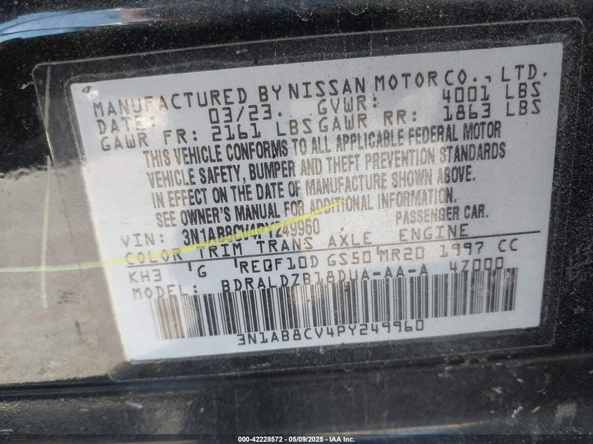 2023 NISSAN SENTRA VIN: 3N1AB8CV4PY249960