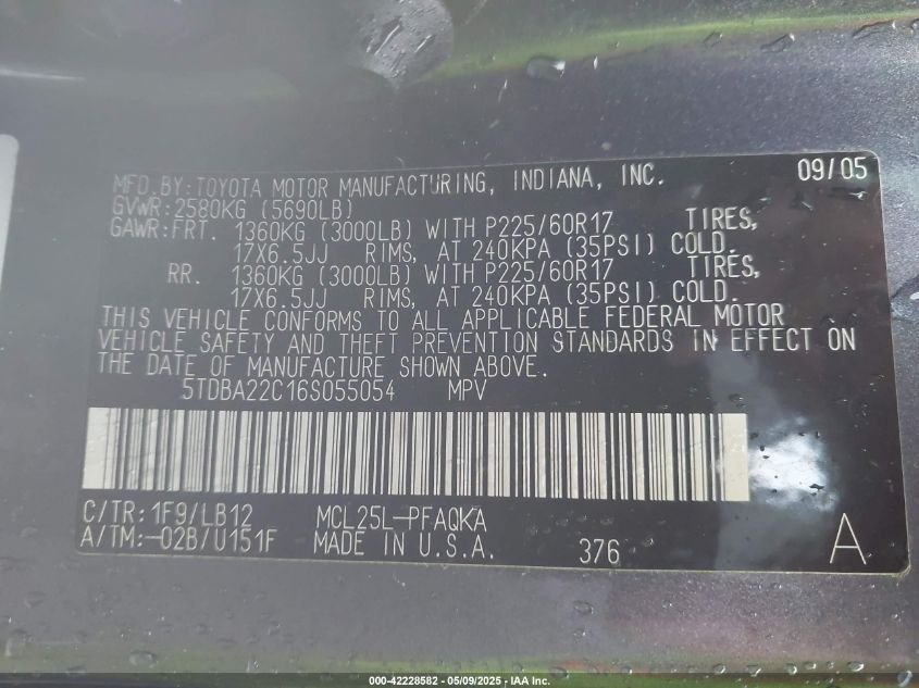 2006 Toyota Sienna Xle VIN: 5TDBA22C16S055054 Lot: 42228582