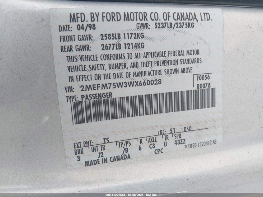 1998 Mercury Grand Marquis VIN: 2MEFM75W3WX660028 Lot: 42228584