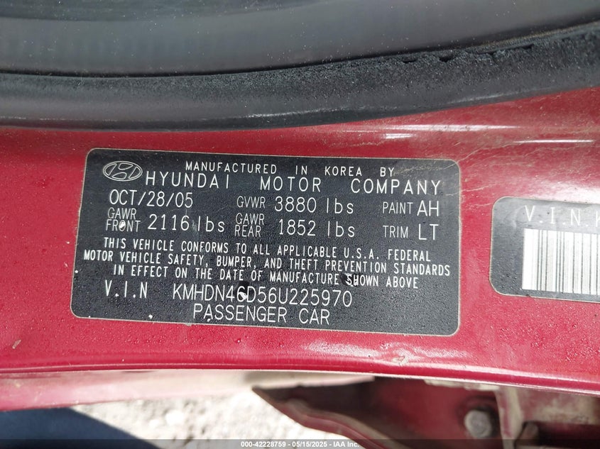 2006 HYUNDAI ELANTRA VIN: KMHDN46D56U225970