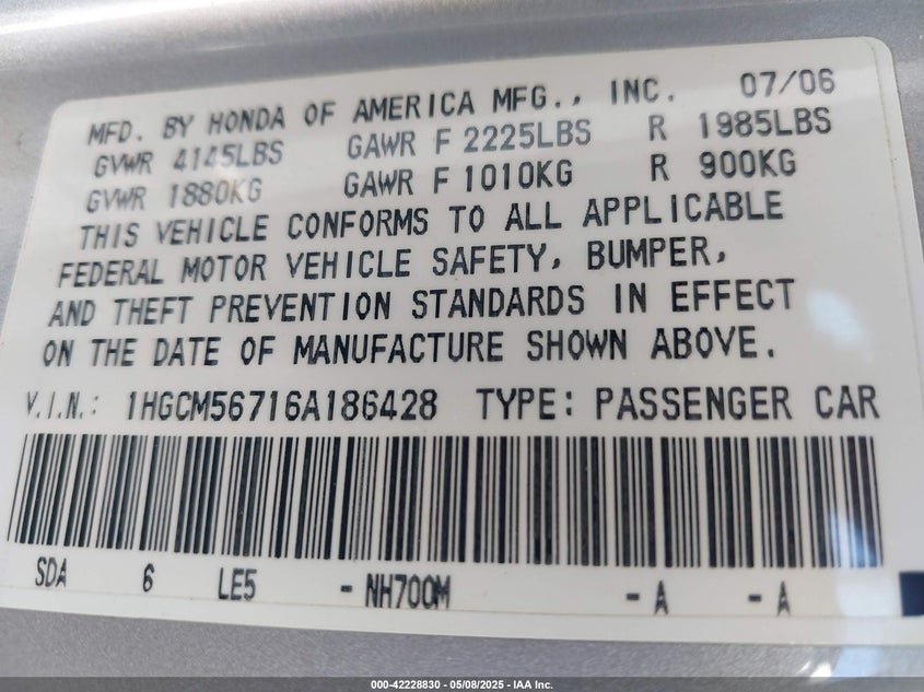 2006 HONDA ACCORD VIN: 1HGCM56716A186428