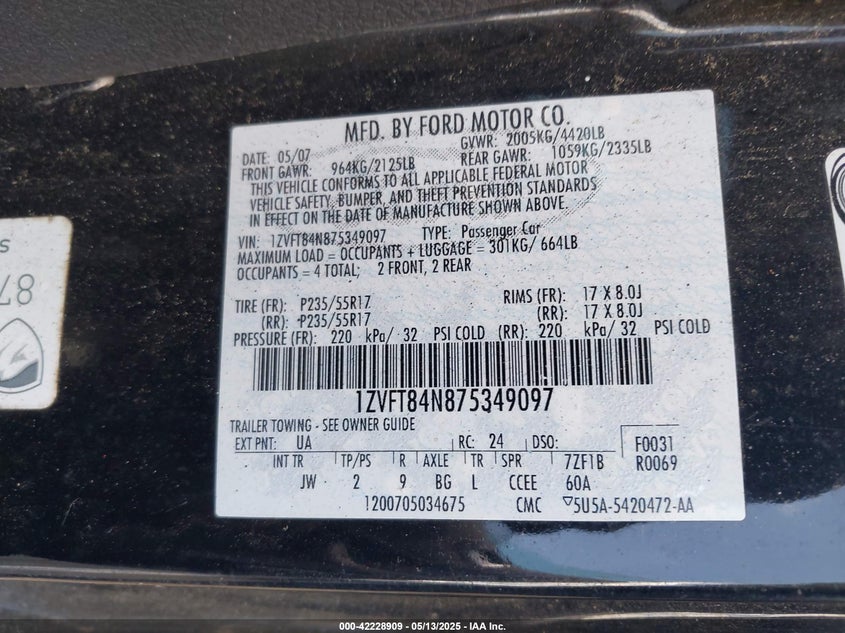 2007 FORD MUSTANG VIN: 1ZVFT84N875349097