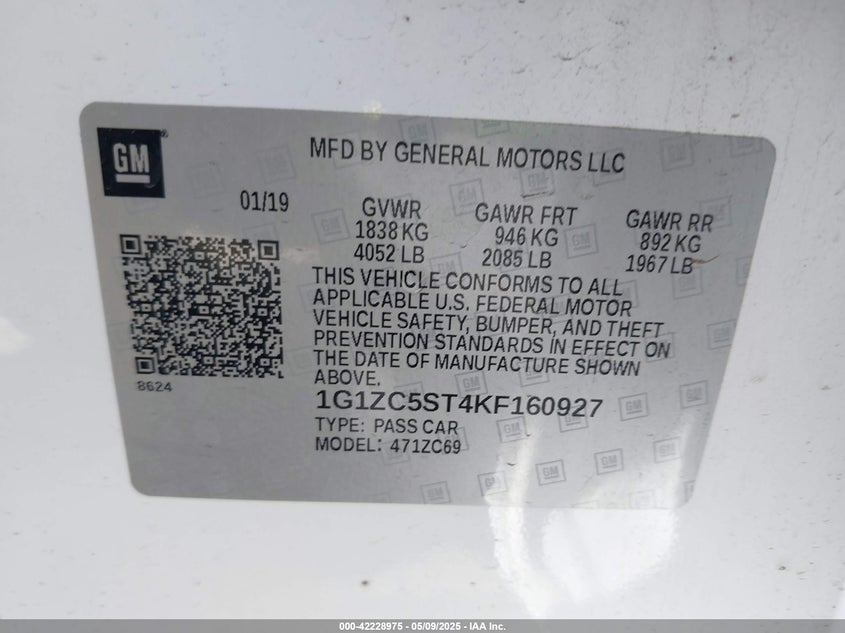2019 CHEVROLET MALIBU VIN: 1G1ZC5ST4KF160927