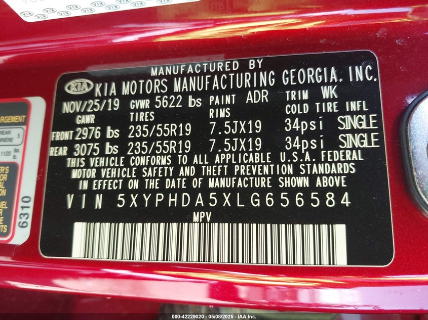 VIN 5XYPHDA5XLG656584 2020 KIA SORENTO 3.3L EX