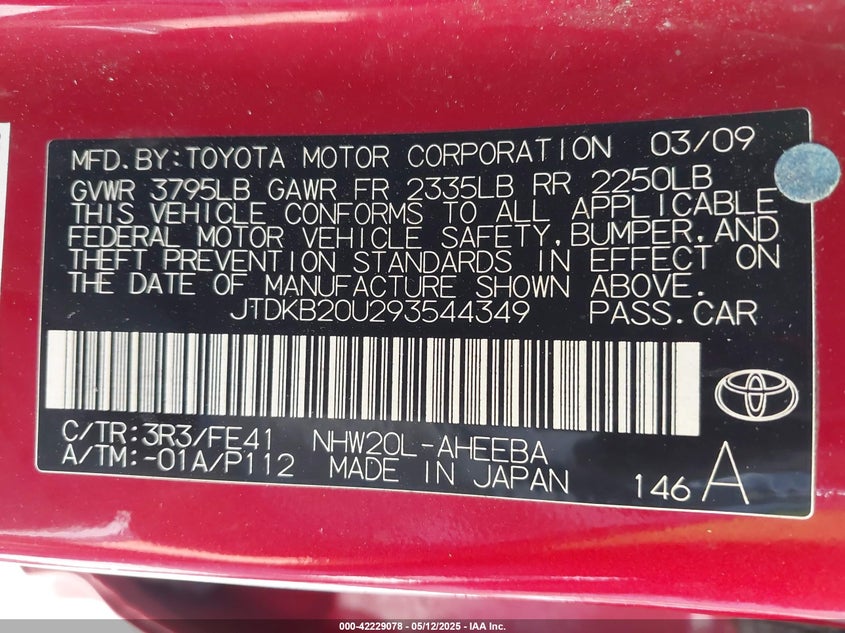 2009 TOYOTA PRIUS VIN: JTDKB20U293544349