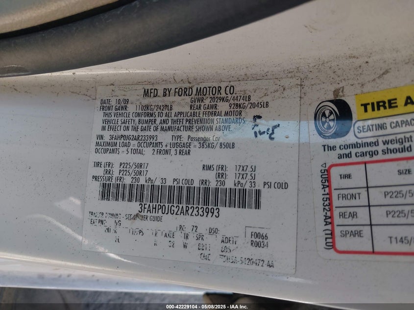 2010 FORD FUSION VIN: 3FAHP0JG2AR233993