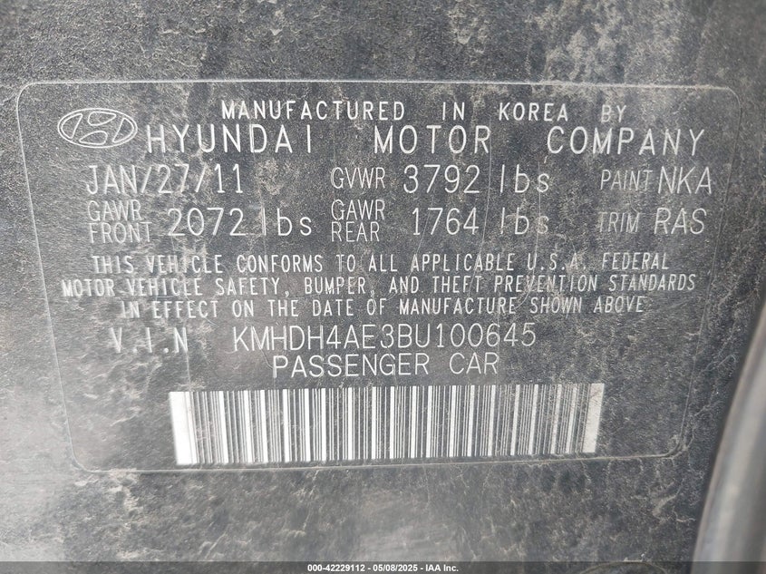 2011 HYUNDAI ELANTRA VIN: KMHDH4AE3BU100645
