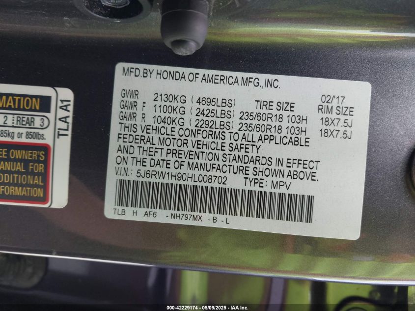 2017 Honda Cr-V Touring VIN: 5J6RW1H90HL008702 Lot: 42229174