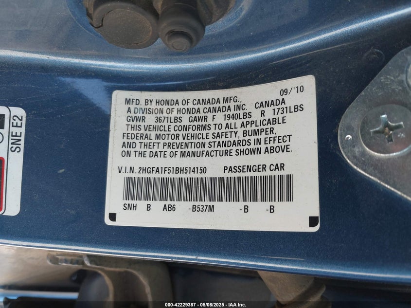 2011 HONDA CIVIC VIN: 2HGFA1F51BH514150