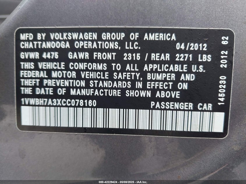 2012 VOLKSWAGEN PASSAT VIN: 1VWBH7A3XCC078160