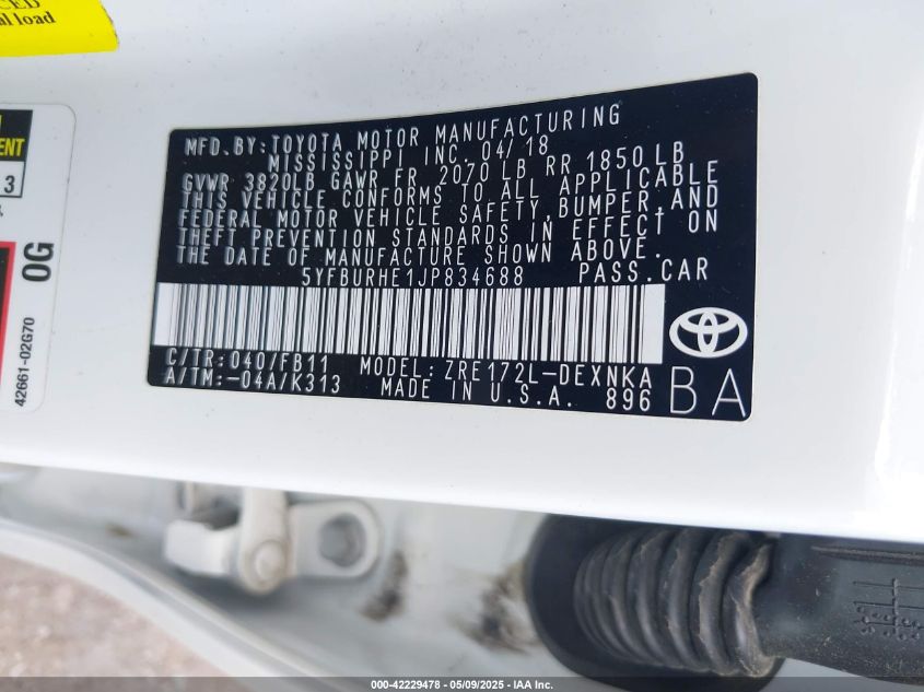 2018 Toyota Corolla Le VIN: 5YFBURHE1JP834688 Lot: 42229478