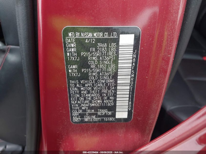 2012 Nissan Juke Sl VIN: JN8AF5MR0CT111809 Lot: 42229484