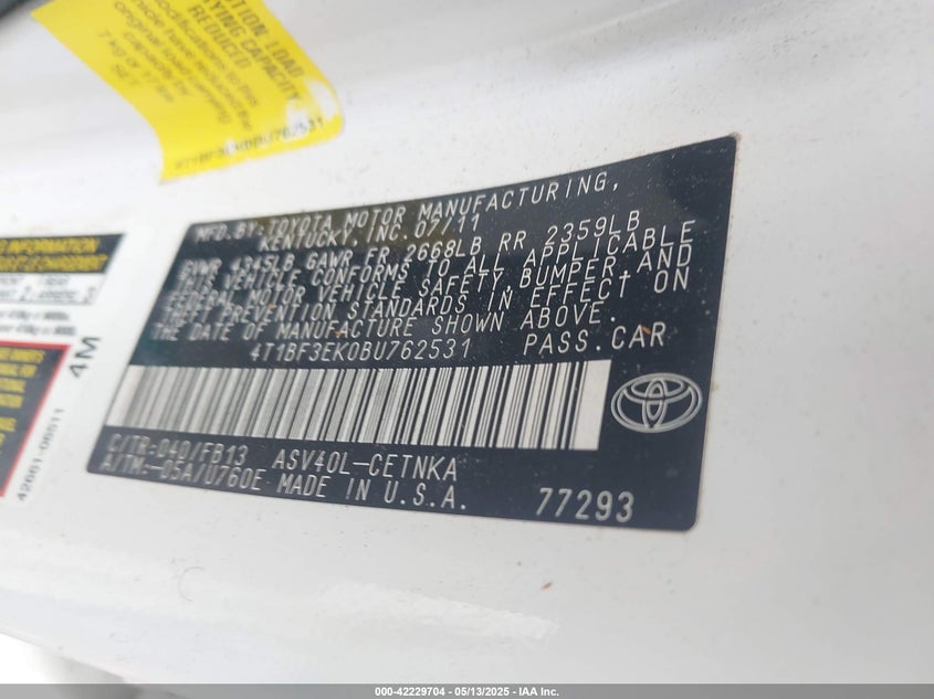2011 TOYOTA CAMRY VIN: 4T1BF3EK0BU762531