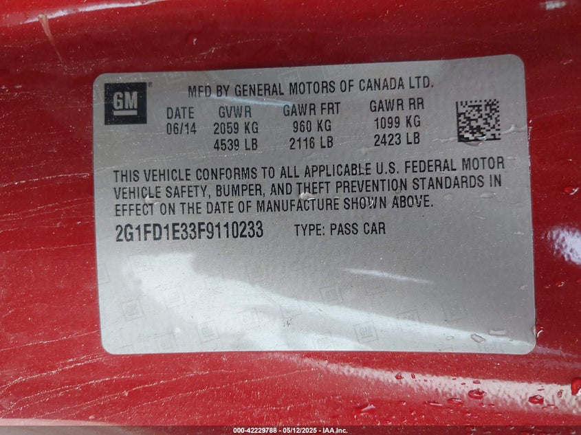 2015 CHEVROLET CAMARO VIN: 2G1FD1E33F9110233