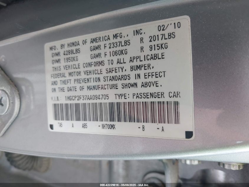 2010 Honda Accord 2.4 Lx VIN: 1HGCP2F37AA094705 Lot: 42229816