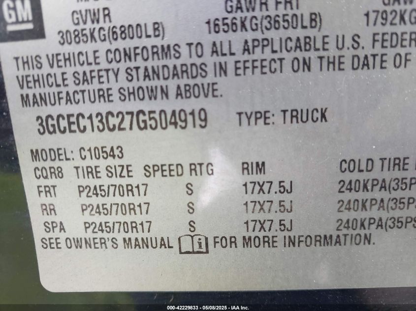 2007 Chevrolet Silverado 1500 Work Truck VIN: 3GCEC13C27G504919 Lot: 42229833