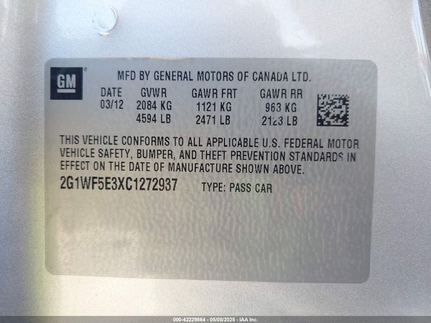 2012 Chevrolet Impala Ls VIN: 2G1WF5E3XC1272937 Lot: 42229864