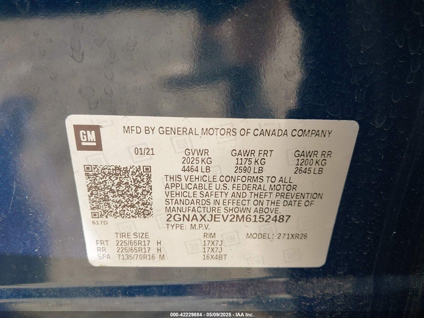 VIN 2GNAXJEV2M6152487 2021 CHEVROLET EQUINOX FWD 2FL