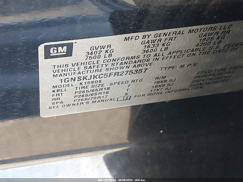 2015 CHEVROLET SUBURBAN 1500 LT - 1GNSKJKC5FR275357