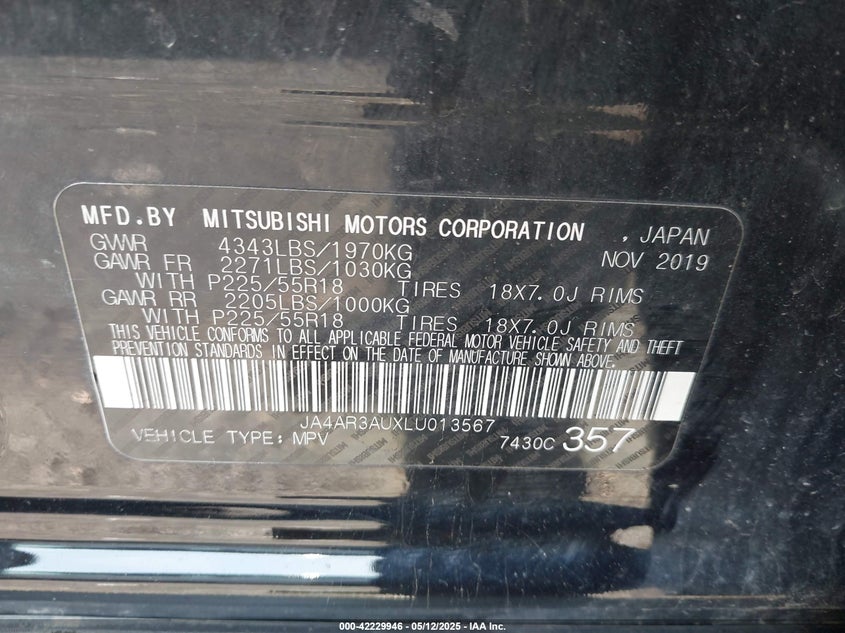 2020 MITSUBISHI OUTLANDER SPORT VIN: JA4AR3AUXLU013567