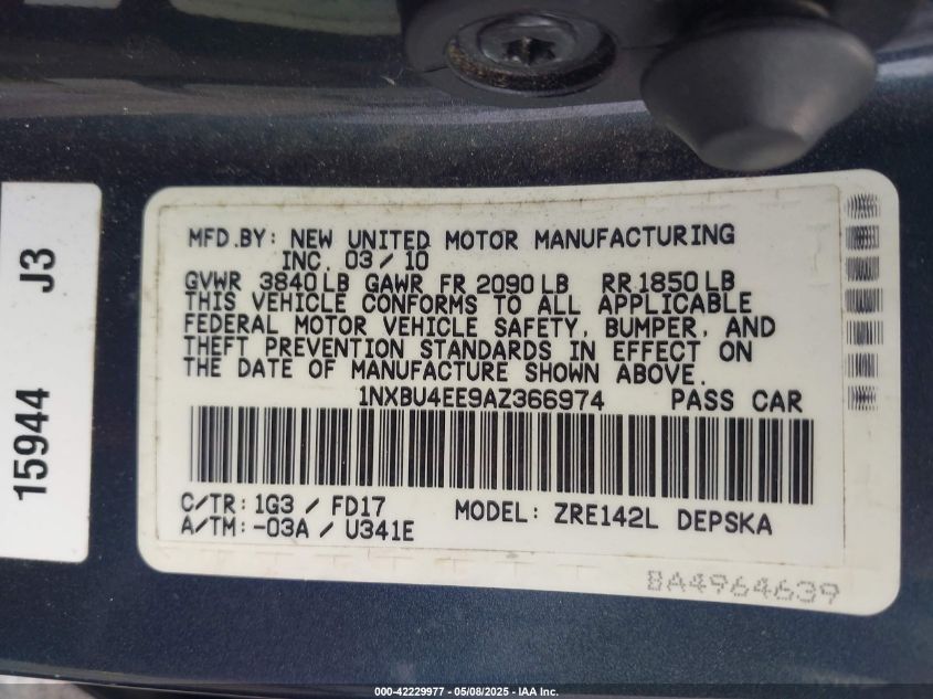 2010 Toyota Corolla S VIN: 1NXBU4EE9AZ366974 Lot: 42229977