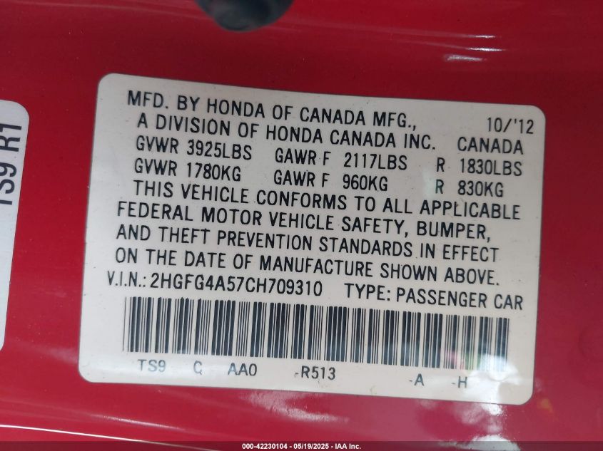 2012 Honda Civic Si VIN: 2HGFG4A57CH709310 Lot: 42230104