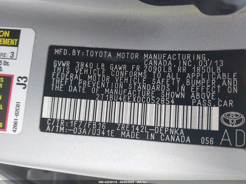 2013 TOYOTA COROLLA VIN: 2T1BU4EEXDC052854