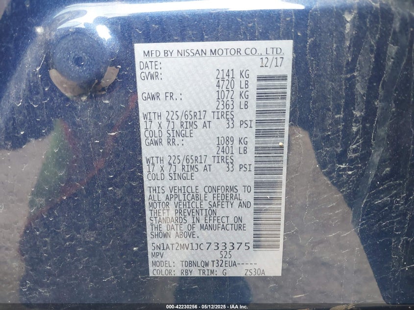 VIN 5N1AT2MV1JC733375 2018 NISSAN ROGUE SV