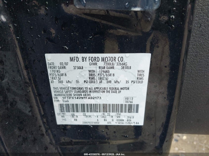 2007 FORD F-150 VIN: 1FTPX14V97FA92173