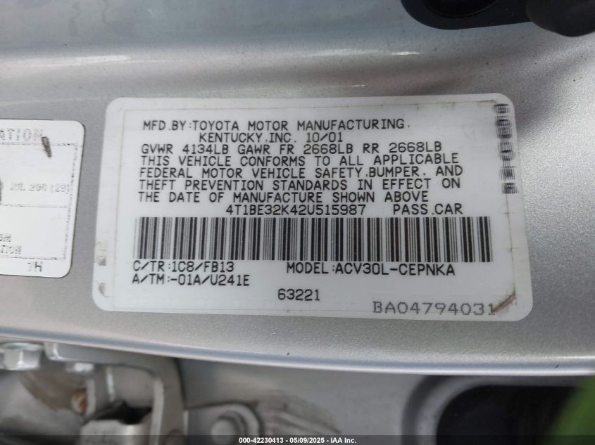 2002 Toyota Camry Le VIN: 4T1BE32K42U515987 Lot: 42230413