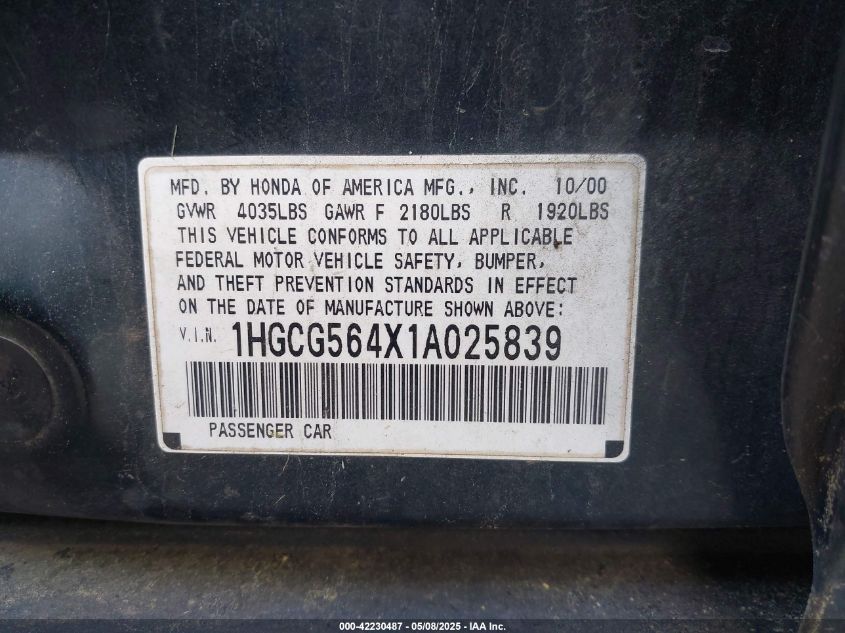 2001 Honda Accord 2.3 Lx VIN: 1HGCG564X1A025839 Lot: 42230487