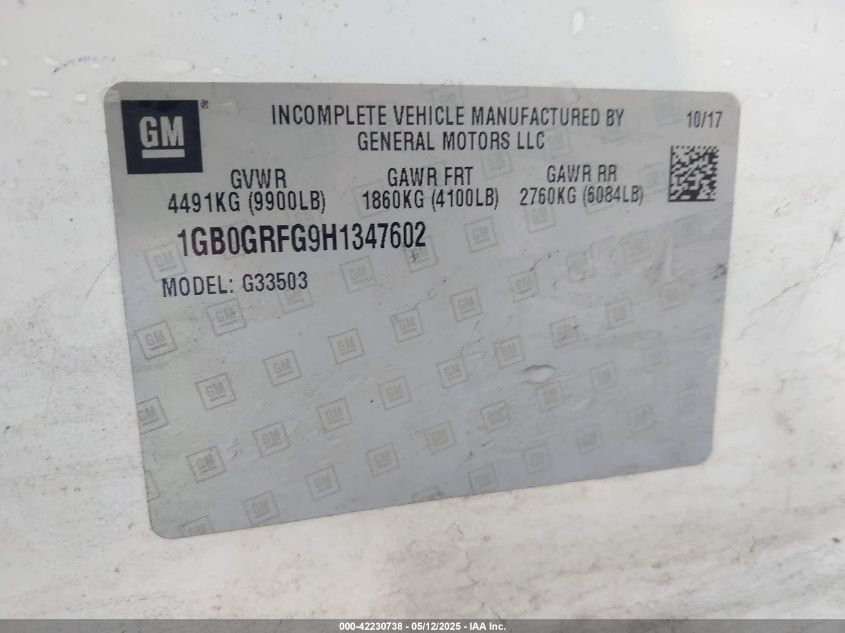 2017 Chevrolet Express Cutaway Work Van VIN: 1GB0GRFG9H1347602 Lot: 42230738