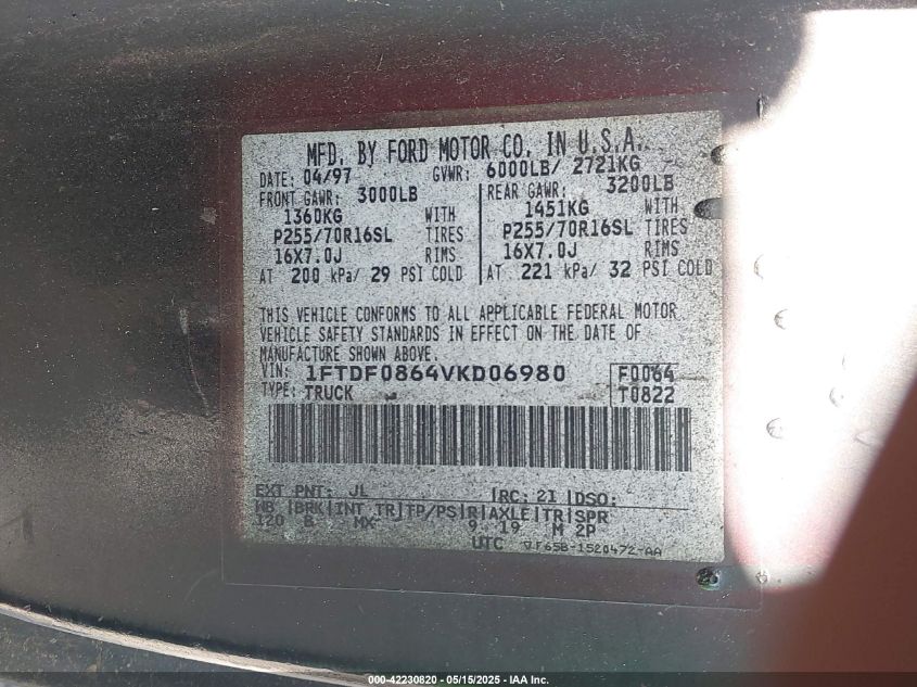 1997 Ford F-150 Lariat/Xl/Xlt VIN: 1FTDF0864VKD06980 Lot: 42230820