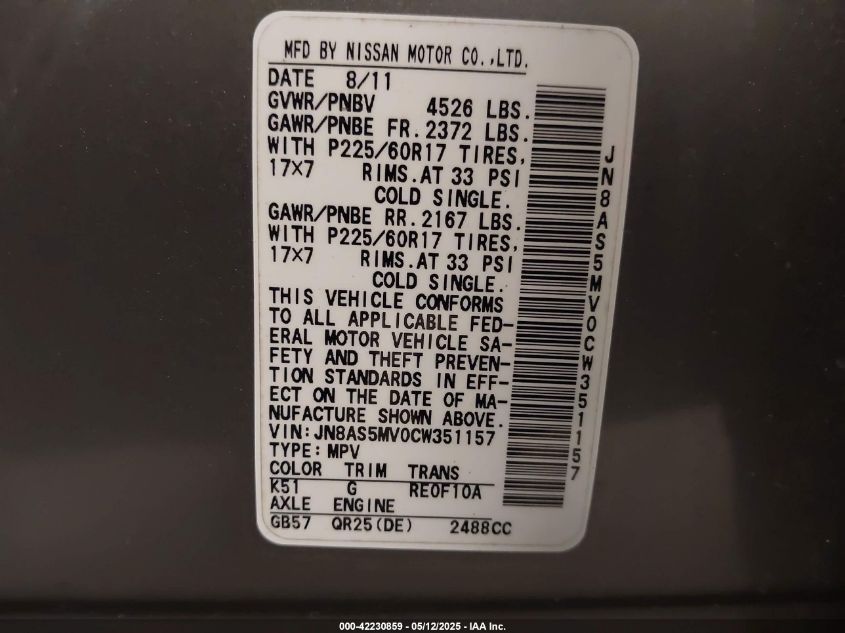 2012 Nissan Rogue Sv VIN: JN8AS5MV0CW351157 Lot: 42230859