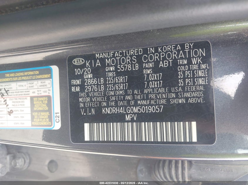VIN KNDRH4LG0M5019057 2021 KIA SORENTO HYBRID EX