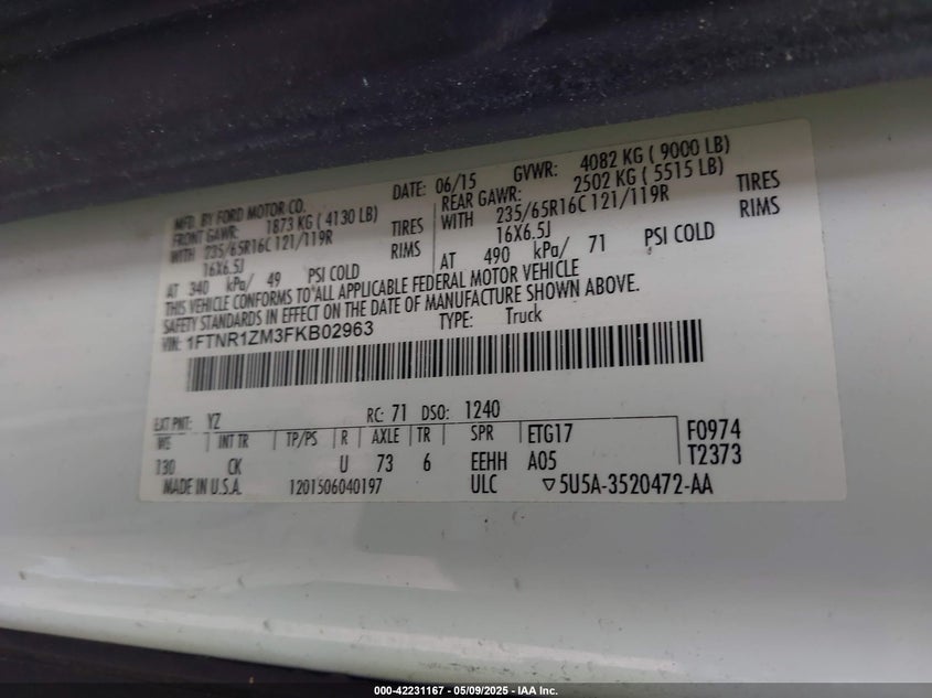 2015 FORD TRANSIT-250 VIN: 1FTNR1ZM3FKB02963