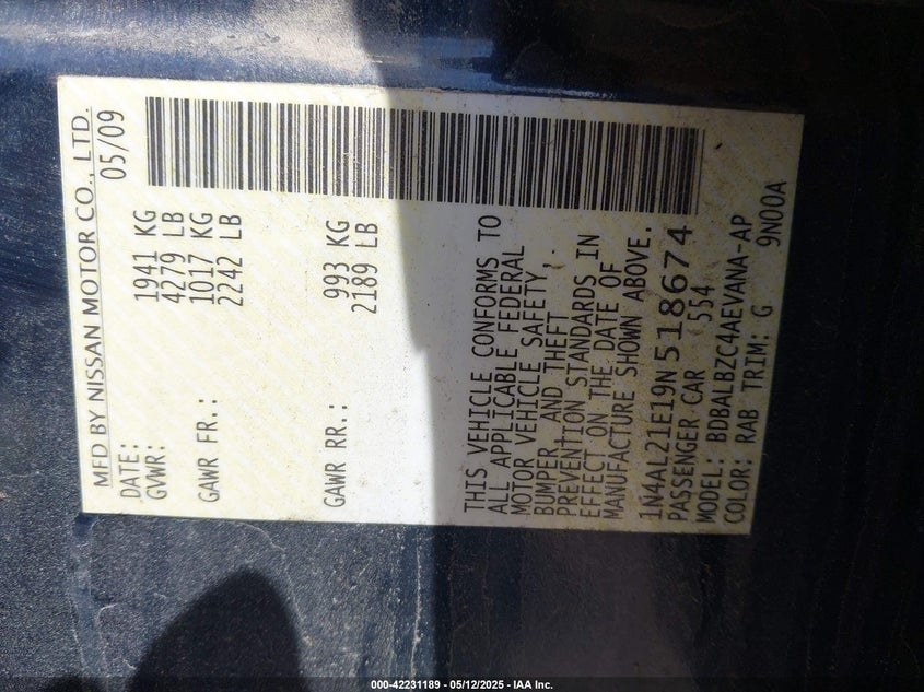 2009 NISSAN ALTIMA VIN: 1N4AL21E19N518674
