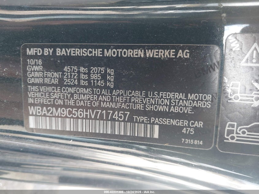 2017 BMW 230I xDrive VIN: WBA2M9C56HV717457 Lot: 42231305