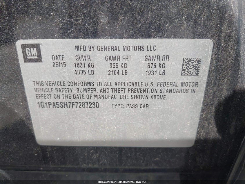 2015 CHEVROLET CRUZE VIN: 1G1PA5SH7F7287230
