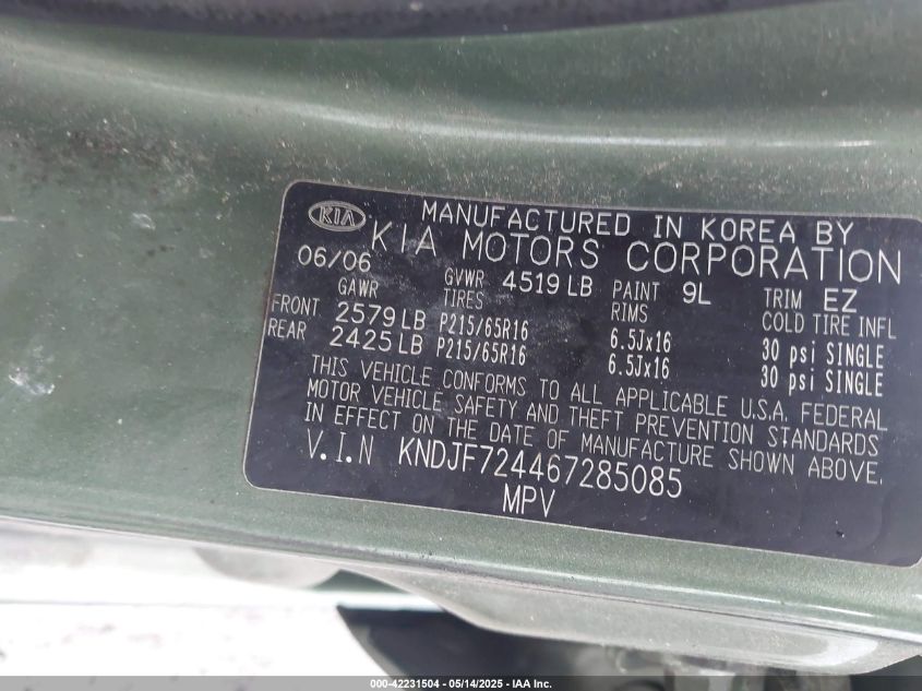 2006 Kia Sportage Lx VIN: KNDJF724467285085 Lot: 42231504