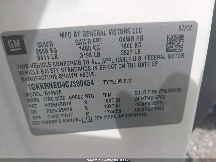 2012 GMC Acadia Sl VIN: 1GKKRNED4CJ380454 Lot: 42231513