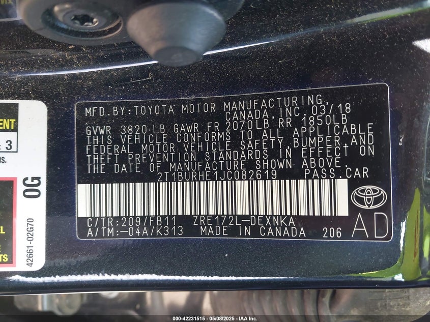 2018 TOYOTA COROLLA VIN: 2T1BURHE1JC082619