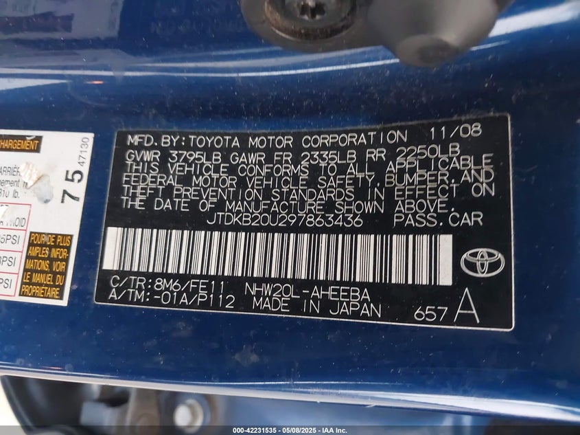 2009 TOYOTA PRIUS VIN: JTDKB20U297863436