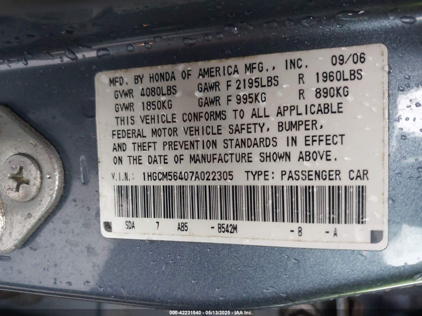 2007 Honda Accord 2.4 Lx VIN: 1HGCM56407A022305 Lot: 42231540