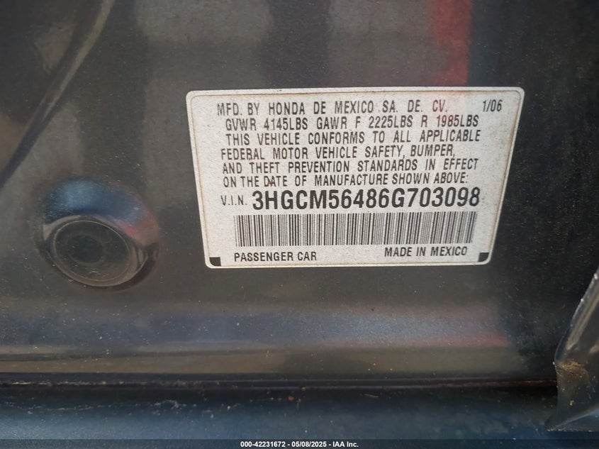 2006 HONDA ACCORD VIN: 3HGCM56486G703098