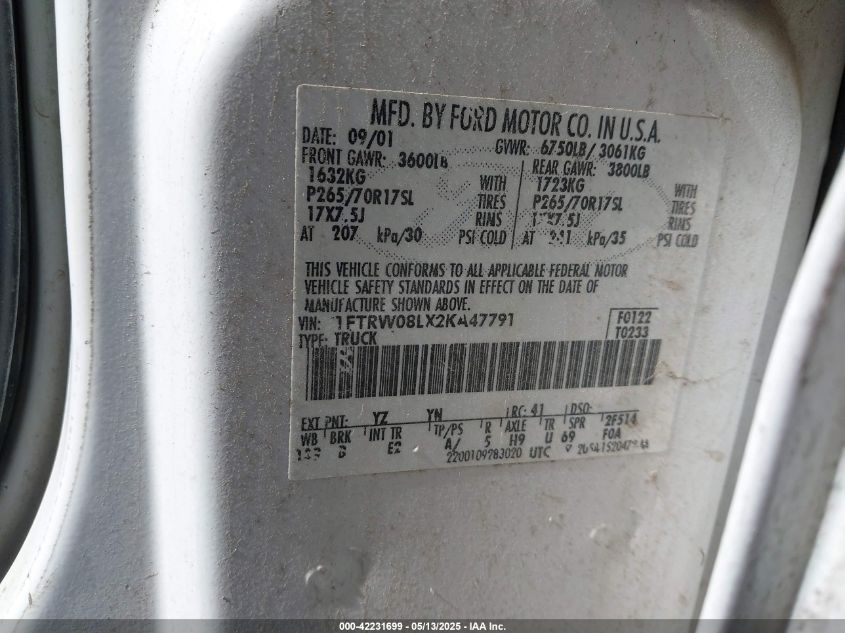 2002 Ford F-150 Lariat/Xlt VIN: 1FTRW08LX2KA47791 Lot: 42231699