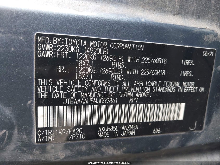 2021 TOYOTA VENZA VIN: JTEAAAAH5MJ059861