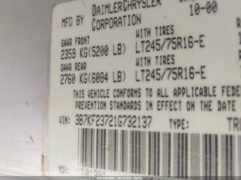 2001 Dodge Ram 2500 St VIN: 3B7KF23721G732137 Lot: 42231801