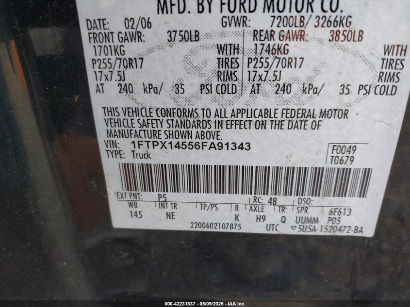 2006 FORD F-150 VIN: 1FTPX14556FA91343